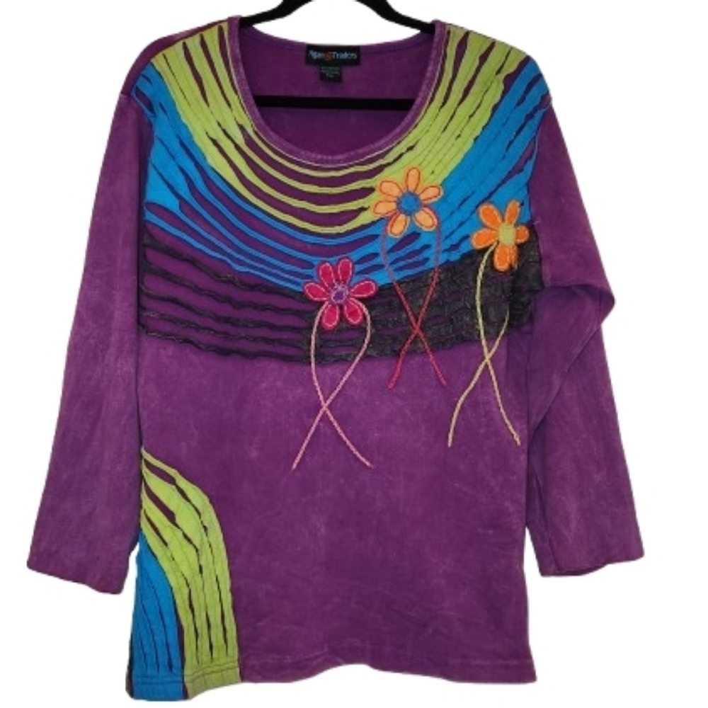 Agan Traders Vibrant Purple Top Size XXL Embroidered Flowers Appliques Soft Cozy